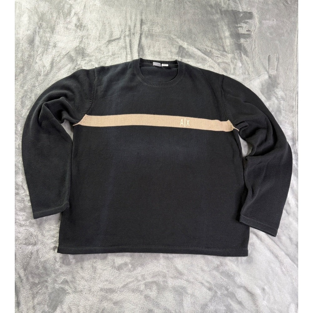 Armani Exchange A|X Sweater Mens XL Black Striped Crew Neck Long Sleeve Cotton